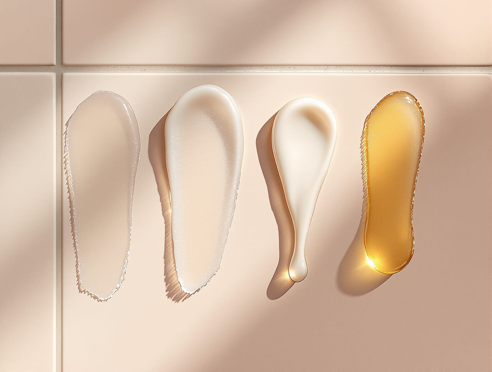Four skincare textures in a row on a pale tile: a clear gel, a cream, a serum and a golden oil